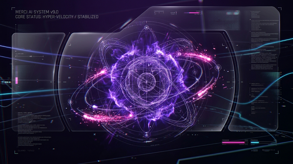 Clario concept artwork: a luminous violet orbital core with intersecting rings and a futuristic interface.