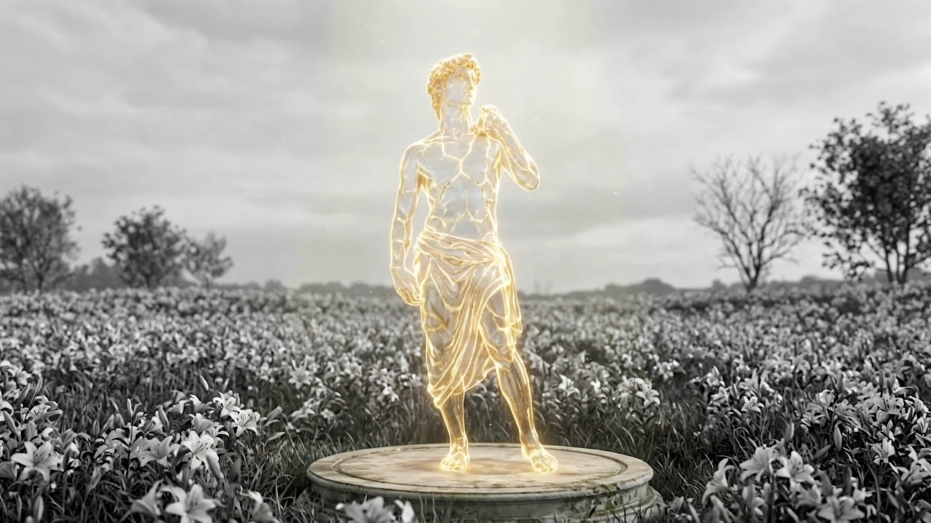 A restored classical marble statue standing in a quiet garden.